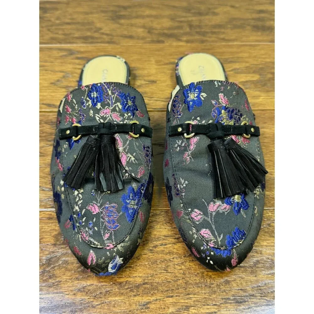 GIANNI BINI Brewsten Floral Brocade Fabric Tassel Mule Loafer, Black, Sz 10M